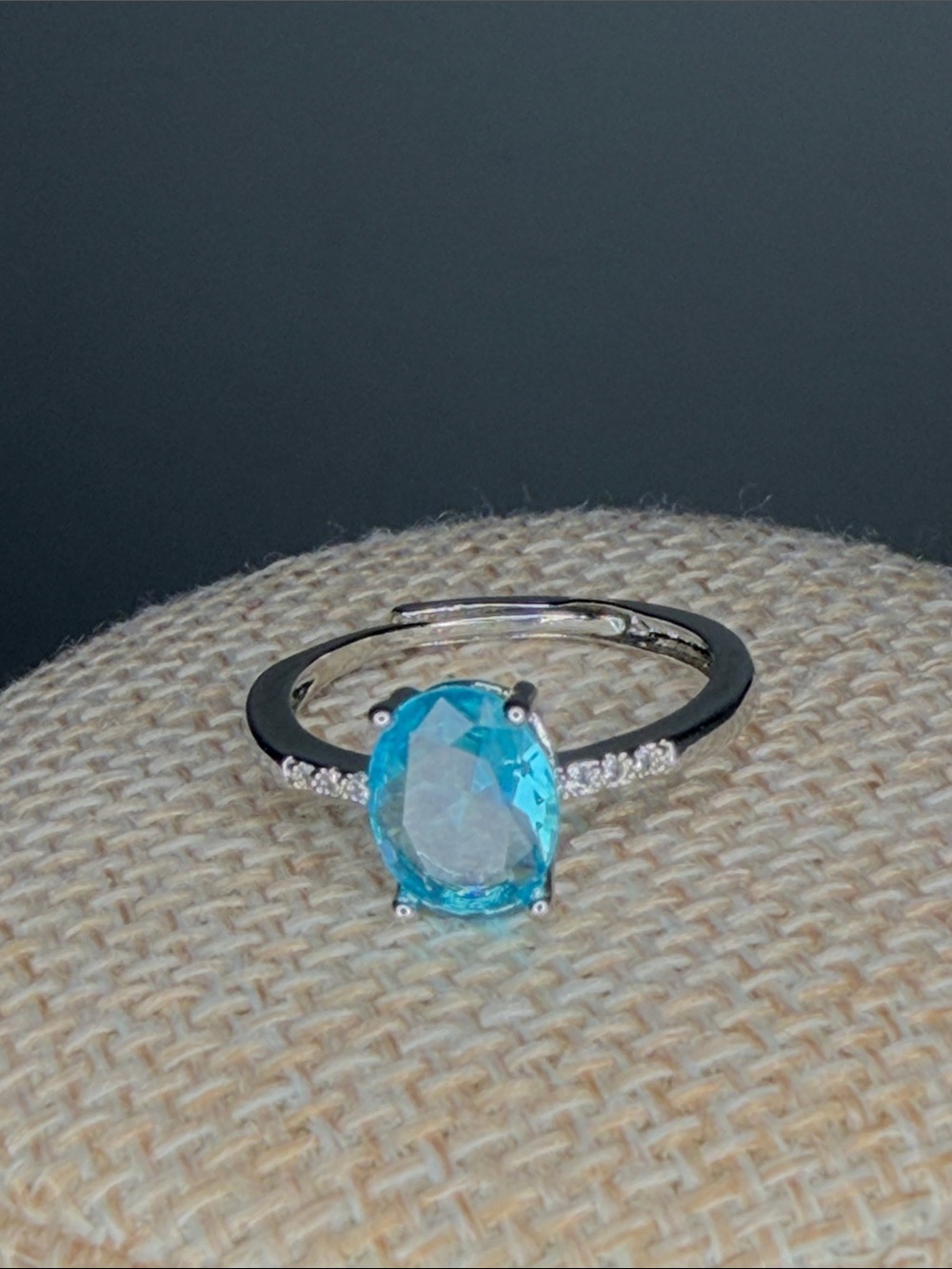 Oval Solitaire Ring Silvertone with Pavé Band -Sz 7 adjustable